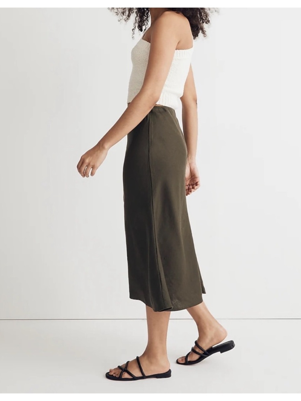 Madewell Linen Blend Midi Skirt Olive Green